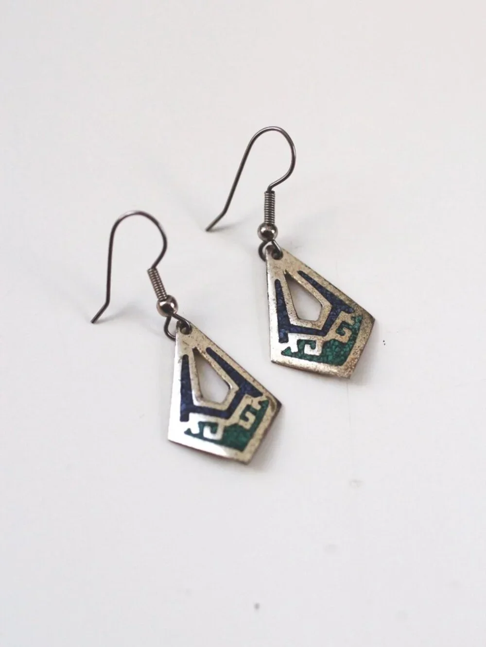 Vintage Alpaca Silver Mosaic Inlay Dangle Earrings Mexico Geometric Southwestern